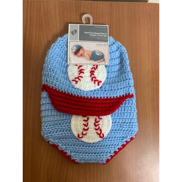 NWT Infant Photography Hand Crocheted Set Newborn Baby Baseball Blue Knit Hat - Picture 2 of 3